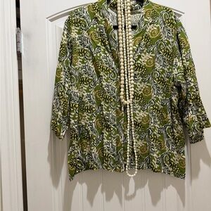 Manuhealii Vinrage Olive and Cream Patterned Blouse
with bamboo buttons.